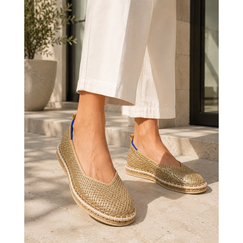 Rothy's The Espadrille Gold Stripe Metallic Hemp Knit Ballet Flats Coastal 9